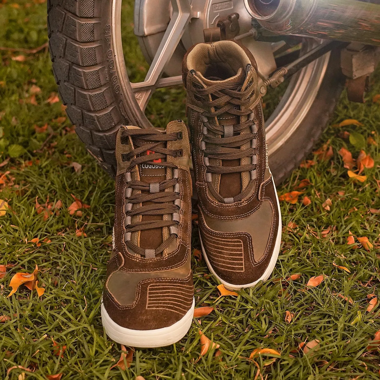 Leather Motorcycle Boots Men - Anti-slip Sole, Ankle Guard, Cow Crazy Horse Leather, Motorcycle Boots Men Brown