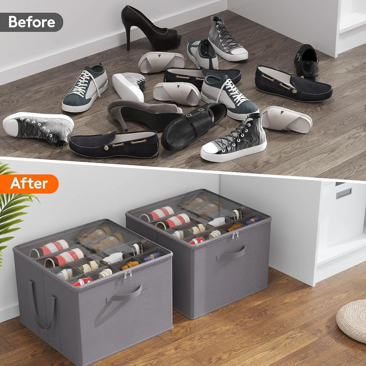 Lifewit Shoe Storage Organizer for Closet, Fits 12-16 Pairs, Large Shoe Box Storage Containers with Clear Cover and Reinforced Handles, Foldable Storage Bins Fits for Boots Heels Sneakers, 3 Pack Gray