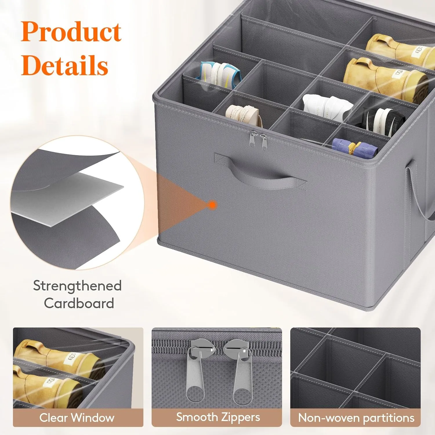 Lifewit Shoe Storage Organizer for Closet, Fits 12-16 Pairs, Large Shoe Box Storage Containers with Clear Cover and Reinforced Handles, Foldable Storage Bins Fits for Boots Heels Sneakers, 3 Pack Gray