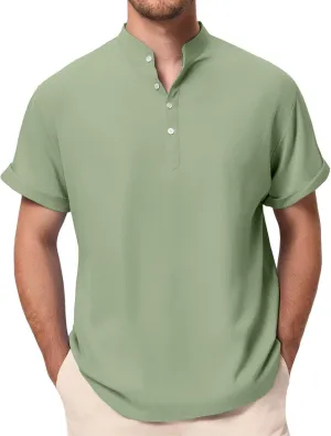 Linen Henley Shirt for Men Short Sleeve Button Down Band Collar Tops Loose Fit Casual Summer Beach Hippie T Shirts