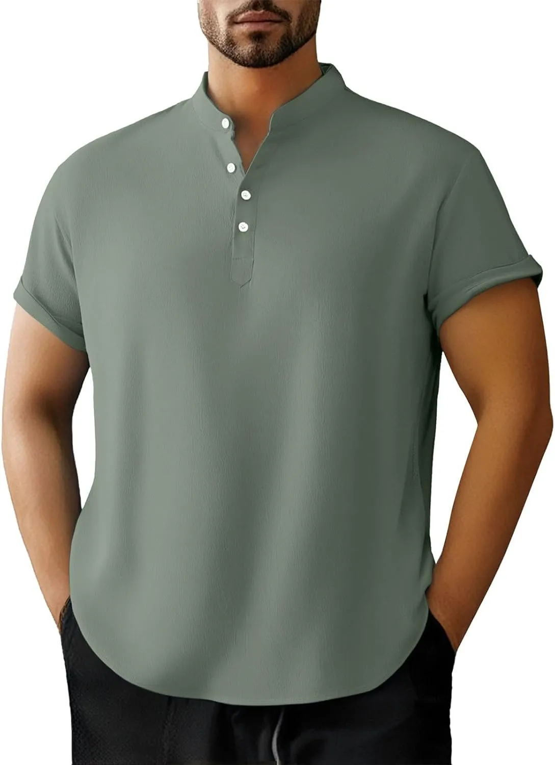 Linen Henley Shirt for Men Short Sleeve Button Down Band Collar Tops Loose Fit Casual Summer Beach Hippie T Shirts