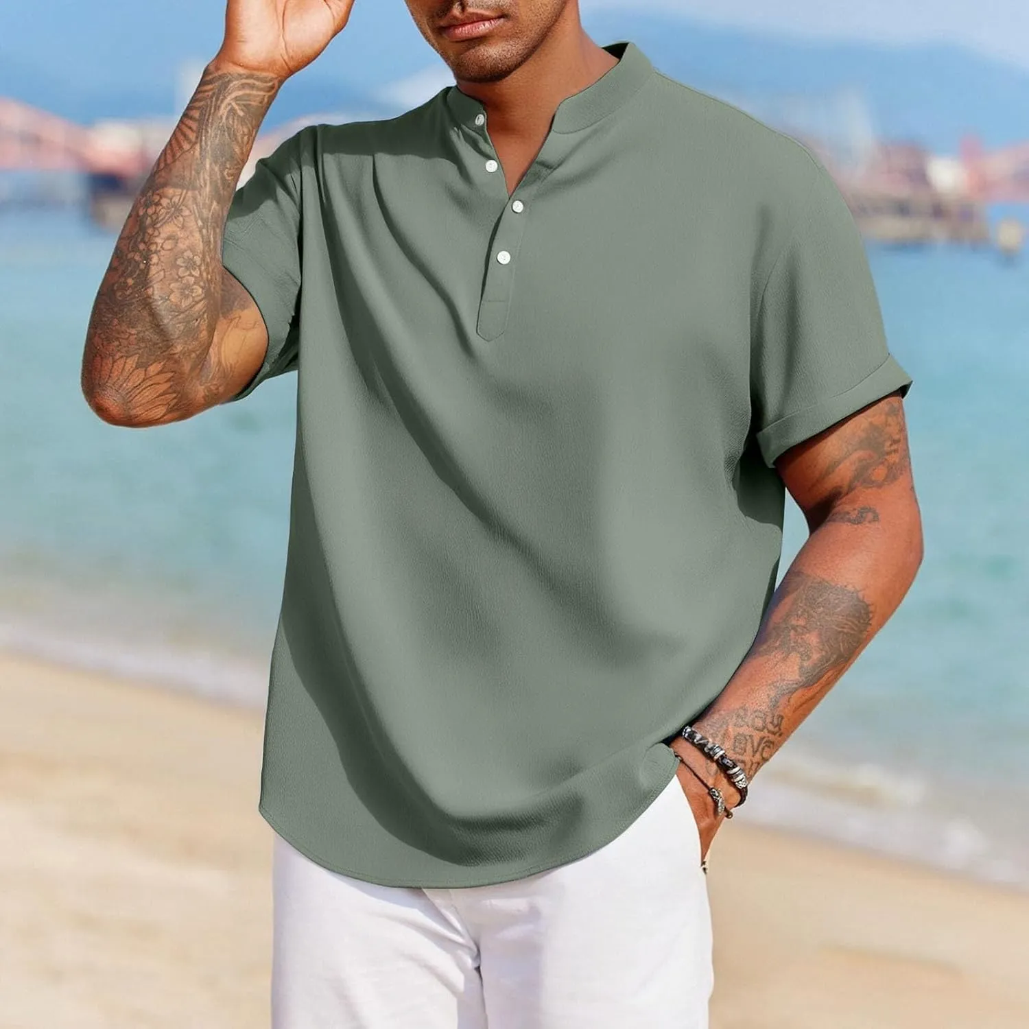 Linen Henley Shirt for Men Short Sleeve Button Down Band Collar Tops Loose Fit Casual Summer Beach Hippie T Shirts