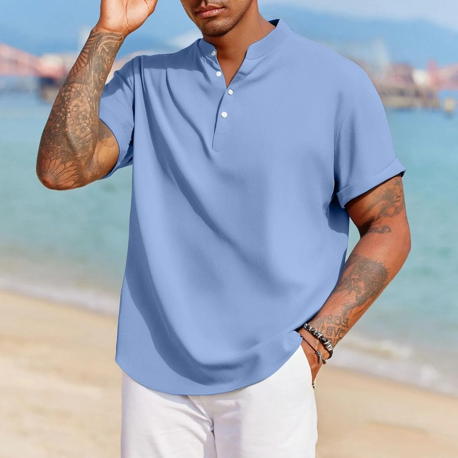 Linen Henley Shirt for Men Short Sleeve Button Down Band Collar Tops Loose Fit Casual Summer Beach Hippie T Shirts