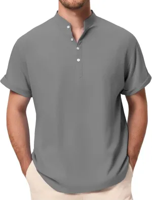 Linen Henley Shirt for Men Short Sleeve Button Down Band Collar Tops Loose Fit Casual Summer Beach Hippie T Shirts