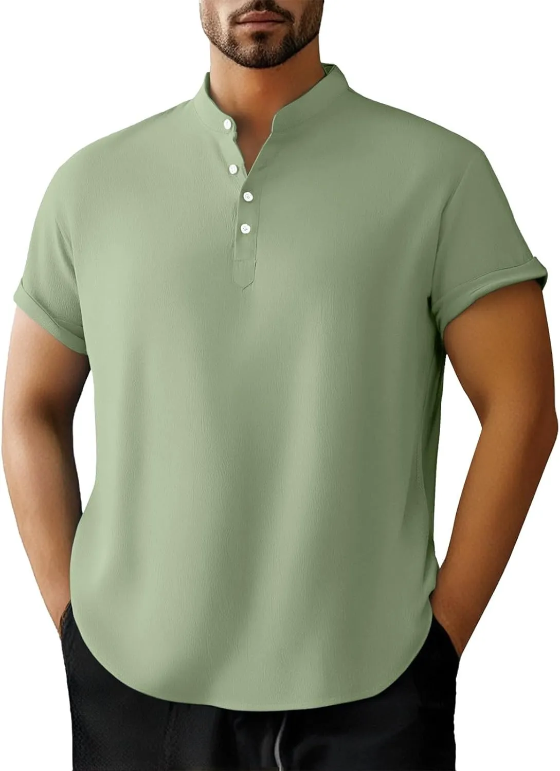 Linen Henley Shirt for Men Short Sleeve Button Down Band Collar Tops Loose Fit Casual Summer Beach Hippie T Shirts