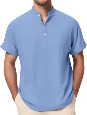 Linen Henley Shirt for Men Short Sleeve Button Down Band Collar Tops Loose Fit Casual Summer Beach Hippie T Shirts