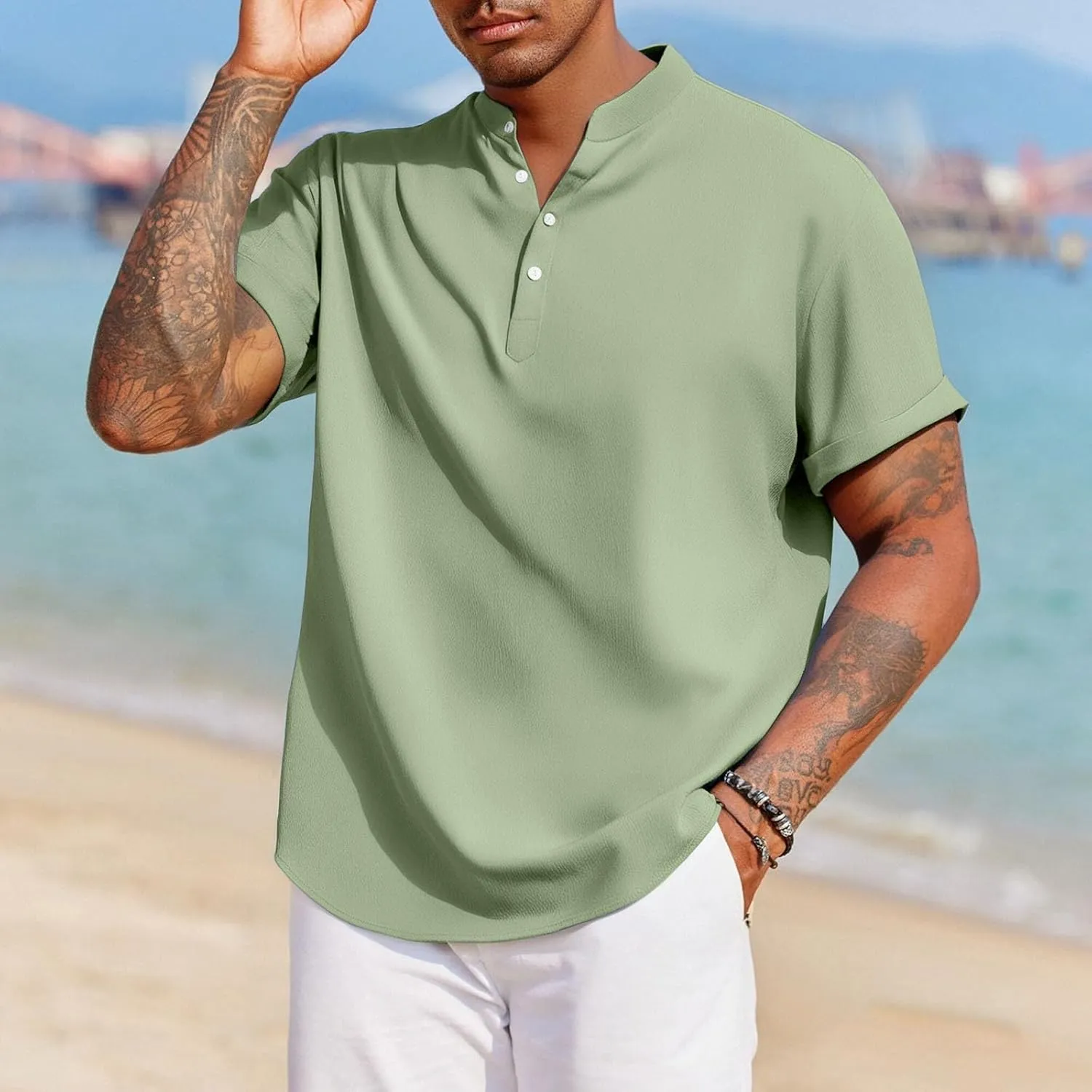 Linen Henley Shirt for Men Short Sleeve Button Down Band Collar Tops Loose Fit Casual Summer Beach Hippie T Shirts
