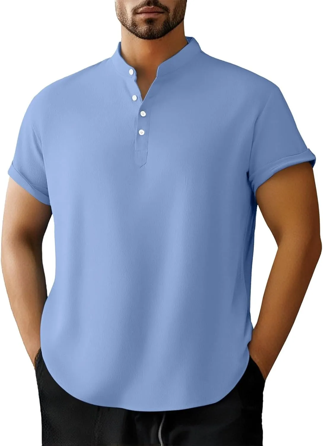 Linen Henley Shirt for Men Short Sleeve Button Down Band Collar Tops Loose Fit Casual Summer Beach Hippie T Shirts