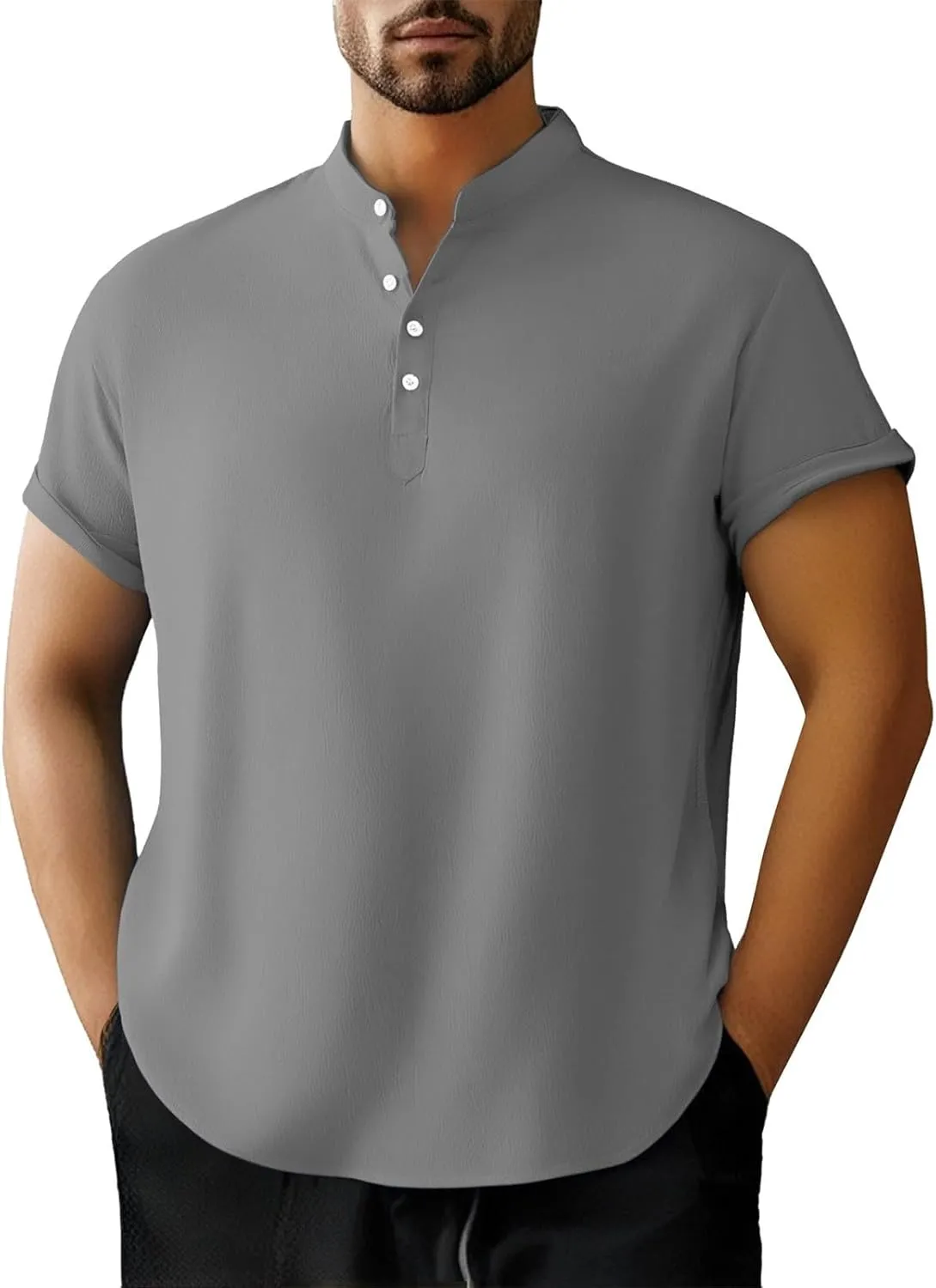 Linen Henley Shirt for Men Short Sleeve Button Down Band Collar Tops Loose Fit Casual Summer Beach Hippie T Shirts