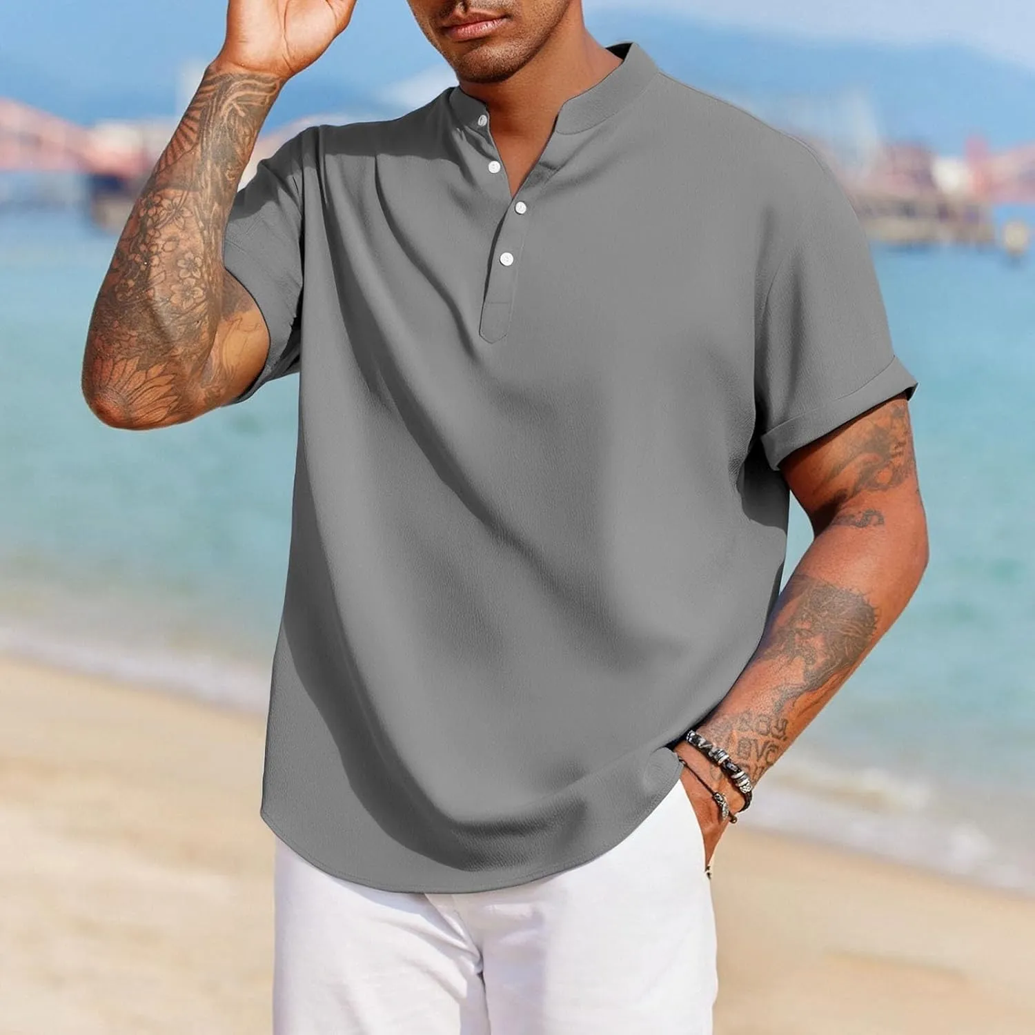 Linen Henley Shirt for Men Short Sleeve Button Down Band Collar Tops Loose Fit Casual Summer Beach Hippie T Shirts