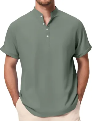 Linen Henley Shirt for Men Short Sleeve Button Down Band Collar Tops Loose Fit Casual Summer Beach Hippie T Shirts