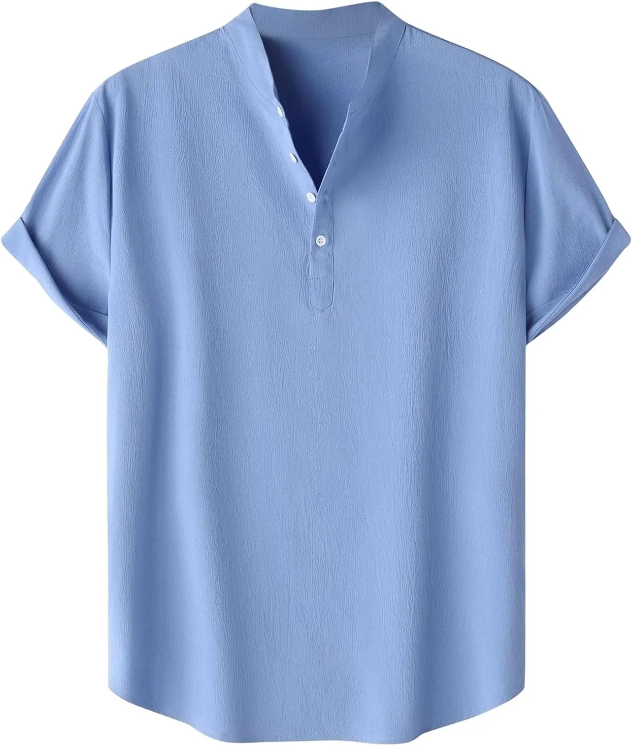 Linen Henley Shirt for Men Short Sleeve Button Down Band Collar Tops Loose Fit Casual Summer Beach Hippie T Shirts