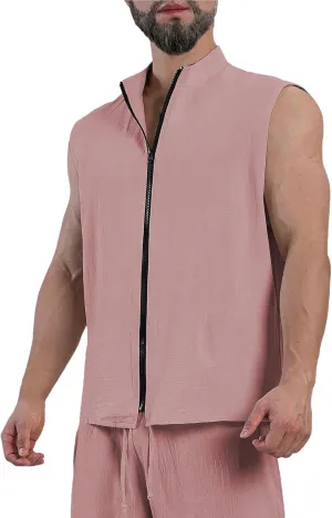 Linen Outerwear Vest for Men Lightweight Zip Up Sleeveless Stand Collar Jacket Outdoor Hiking Travel Cardigan Summer