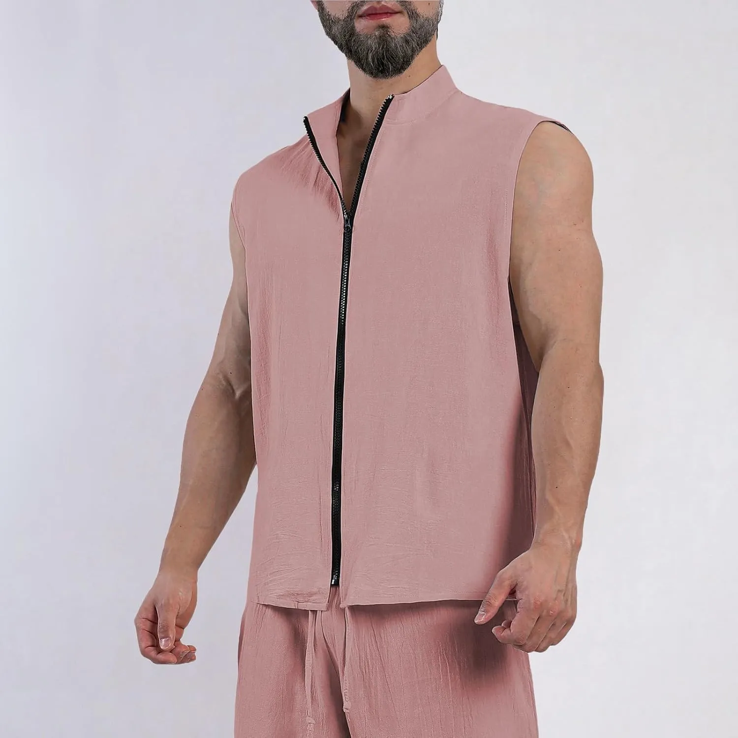 Linen Outerwear Vest for Men Lightweight Zip Up Sleeveless Stand Collar Jacket Outdoor Hiking Travel Cardigan Summer