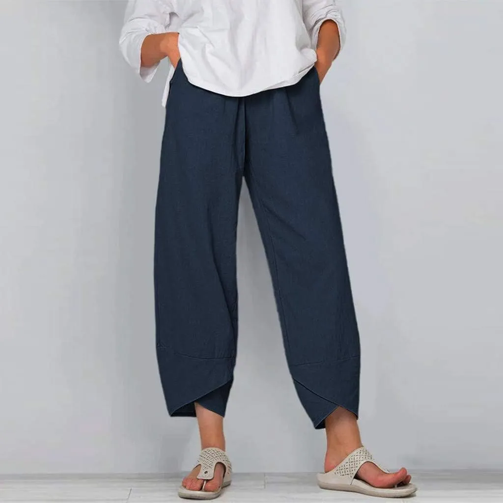 LOAIHA Cotton Linen Casual Summer Capri Pants Printed Cropped Comfy Baggy Trousers with Pockets Palazzo Lounge Pants