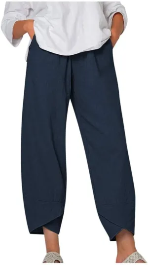 LOAIHA Cotton Linen Casual Summer Capri Pants Printed Cropped Comfy Baggy Trousers with Pockets Palazzo Lounge Pants