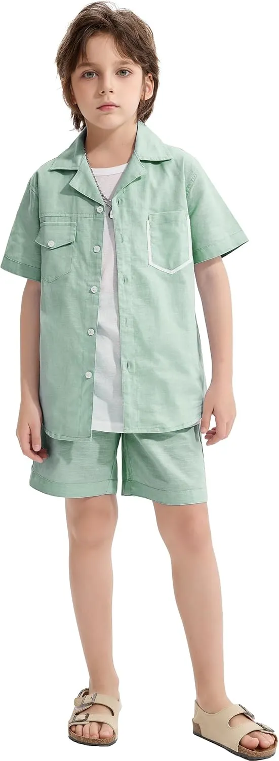 LOLANTA Boys 2 Pieces Linen Set kids Short Sleeve Button Down Shirt and Shorts Summer Vacation Outfits