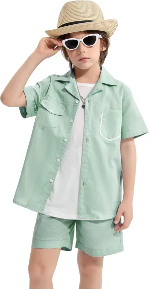 LOLANTA Boys 2 Pieces Linen Set kids Short Sleeve Button Down Shirt and Shorts Summer Vacation Outfits