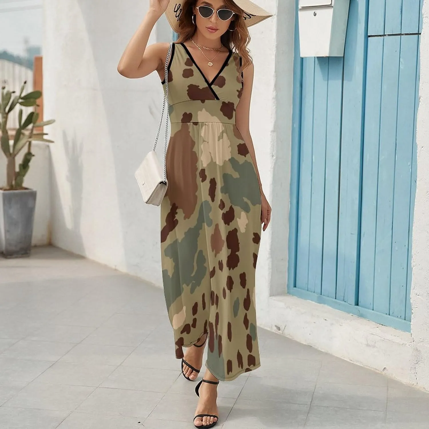 Maxi Dresses for Women Summer Sleeveless Dress Animal Cow Texture Casual V Neck Sundress