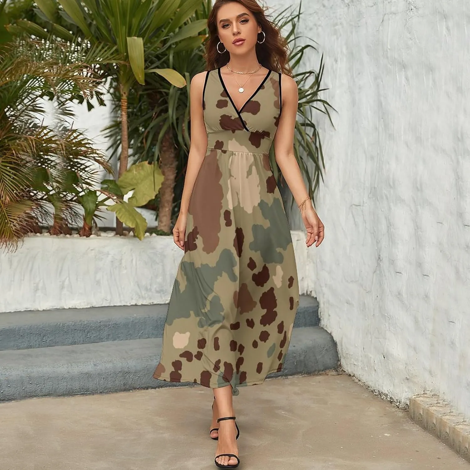 Maxi Dresses for Women Summer Sleeveless Dress Animal Cow Texture Casual V Neck Sundress