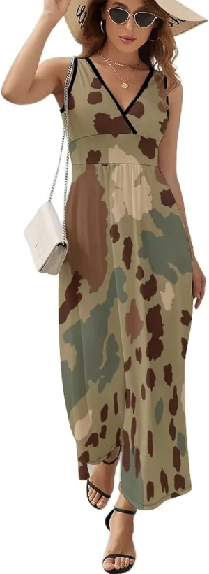 Maxi Dresses for Women Summer Sleeveless Dress Animal Cow Texture Casual V Neck Sundress