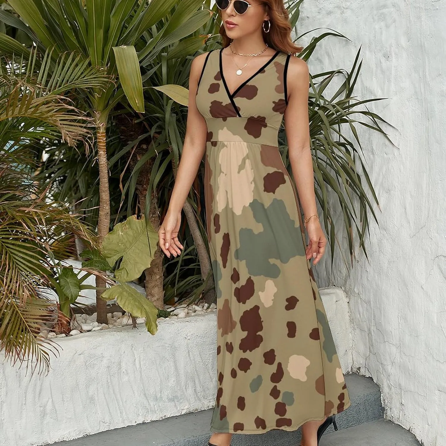 Maxi Dresses for Women Summer Sleeveless Dress Animal Cow Texture Casual V Neck Sundress