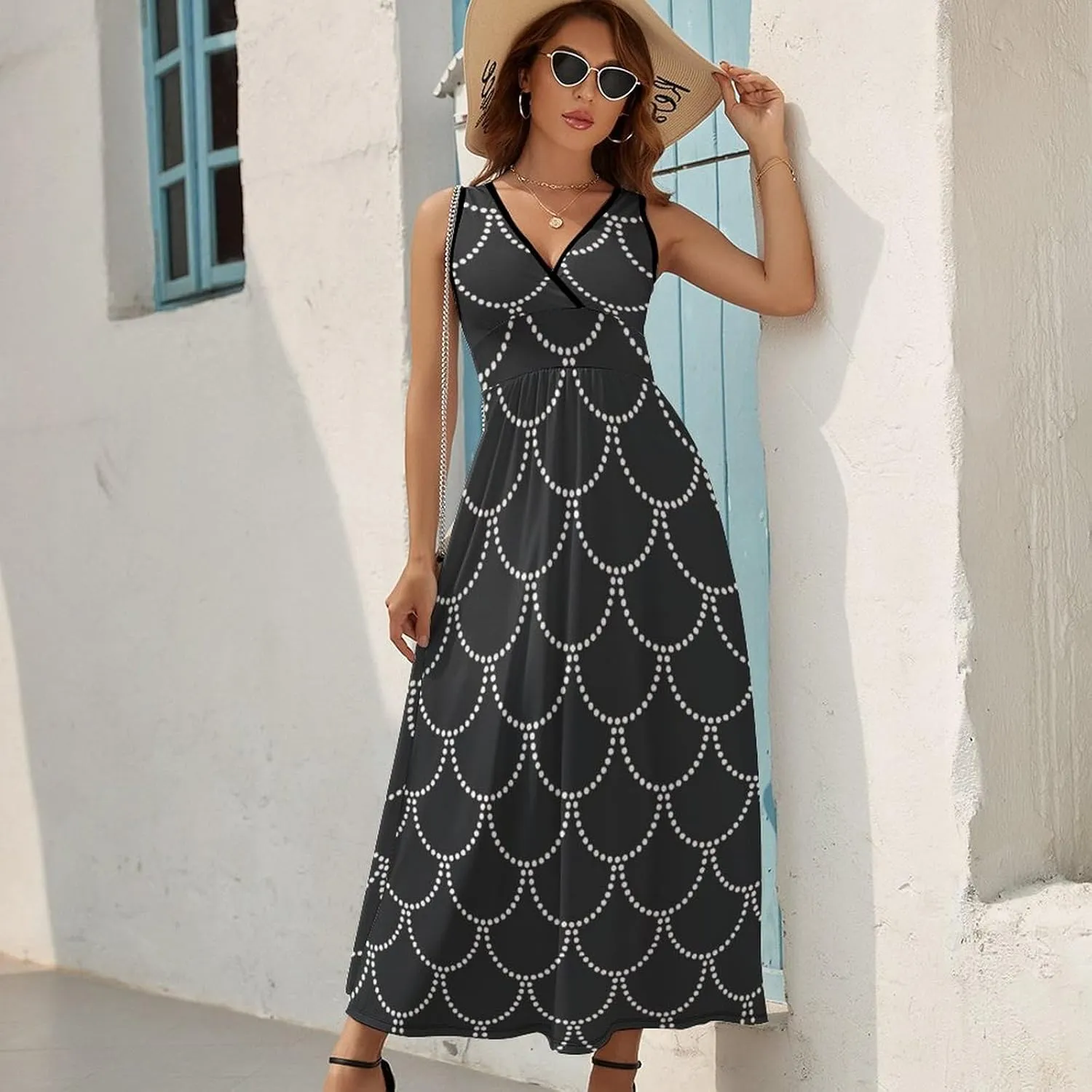 Maxi Dresses for Women Summer Sleeveless Dress Art Deco Geometric Casual V Neck Sundress