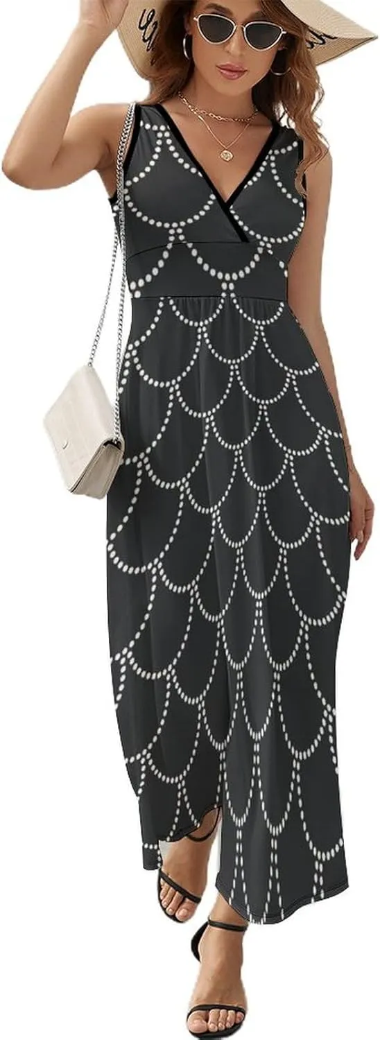 Maxi Dresses for Women Summer Sleeveless Dress Art Deco Geometric Casual V Neck Sundress