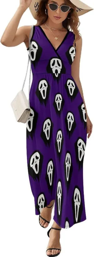 Maxi Dresses for Women Summer Sleeveless Dress Black and White Scream Casual V Neck Sundress