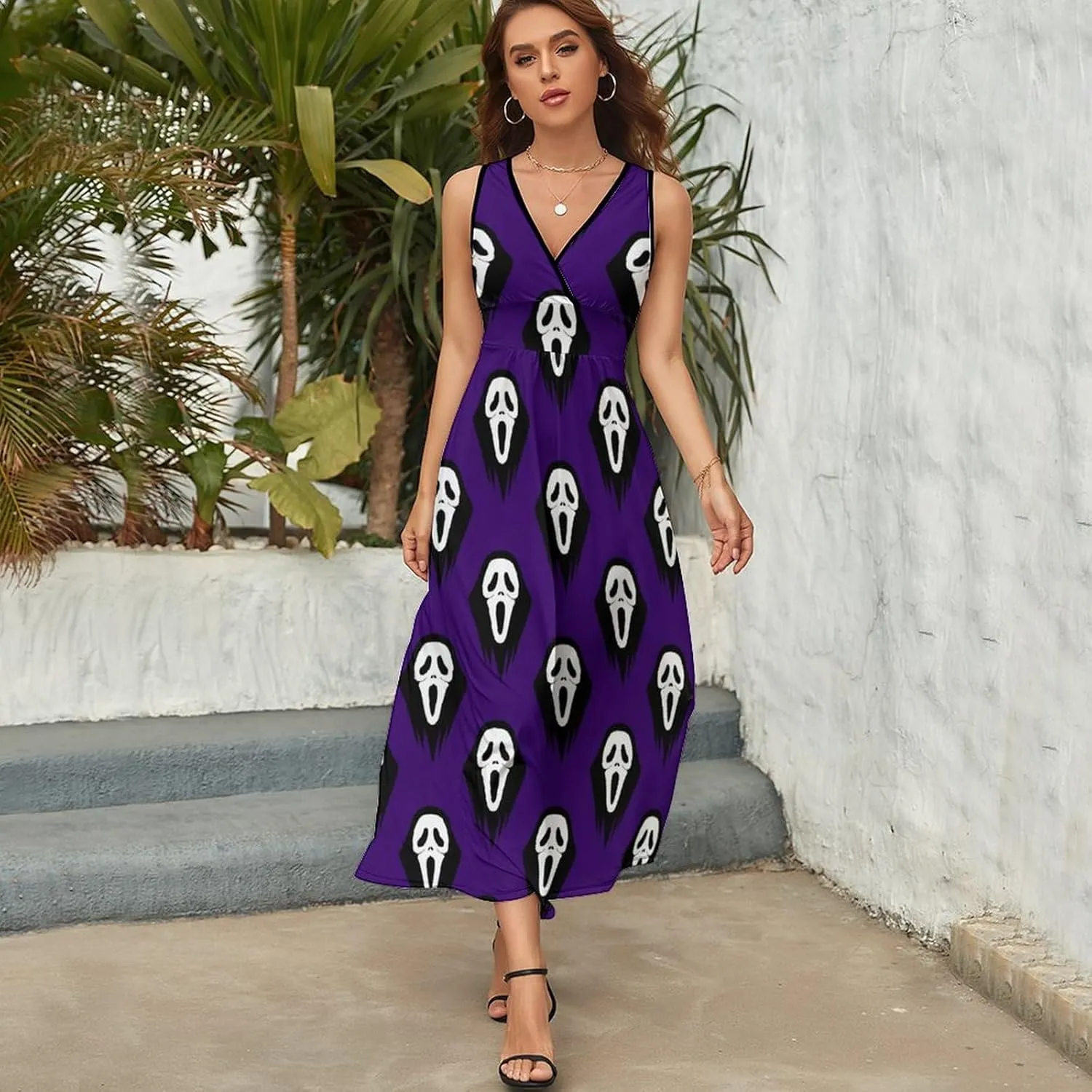 Maxi Dresses for Women Summer Sleeveless Dress Black and White Scream Casual V Neck Sundress