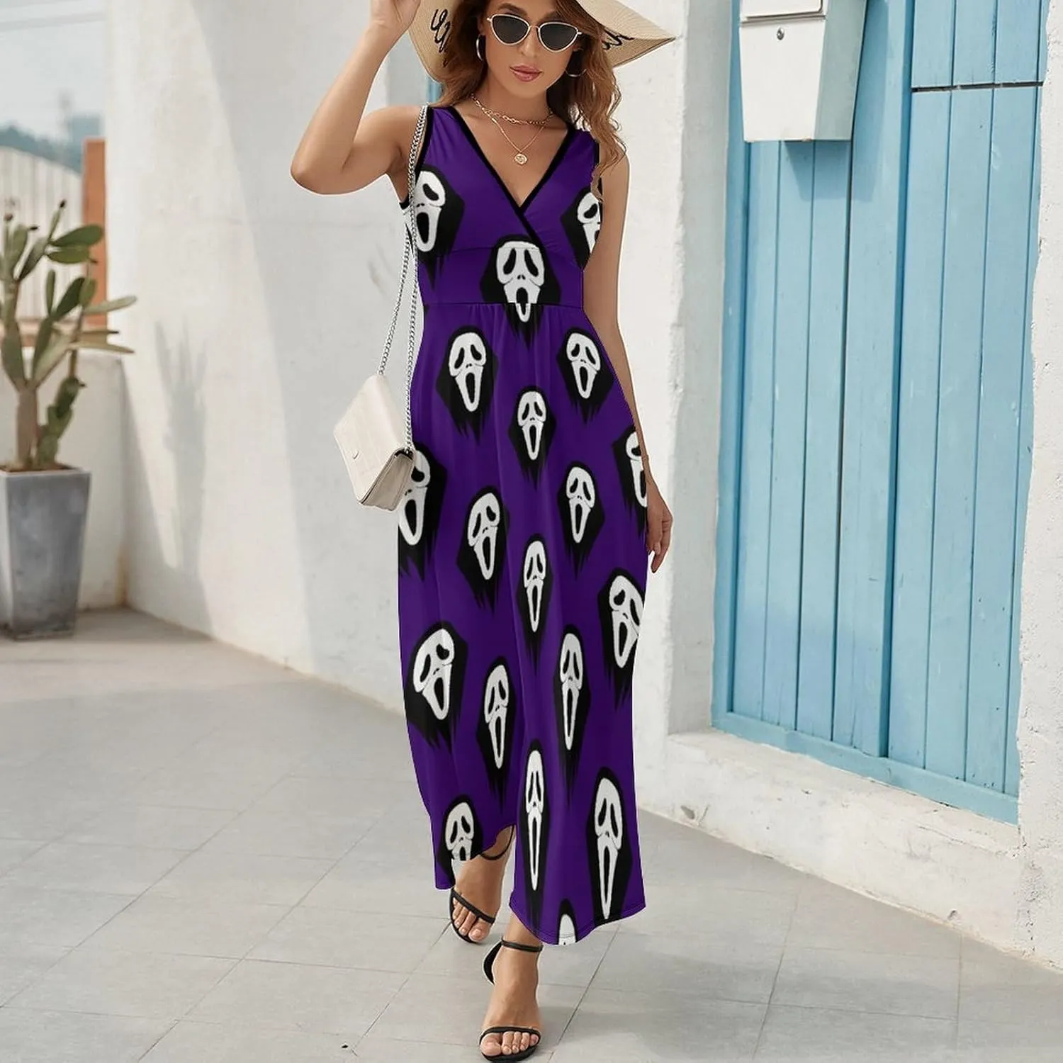 Maxi Dresses for Women Summer Sleeveless Dress Black and White Scream Casual V Neck Sundress