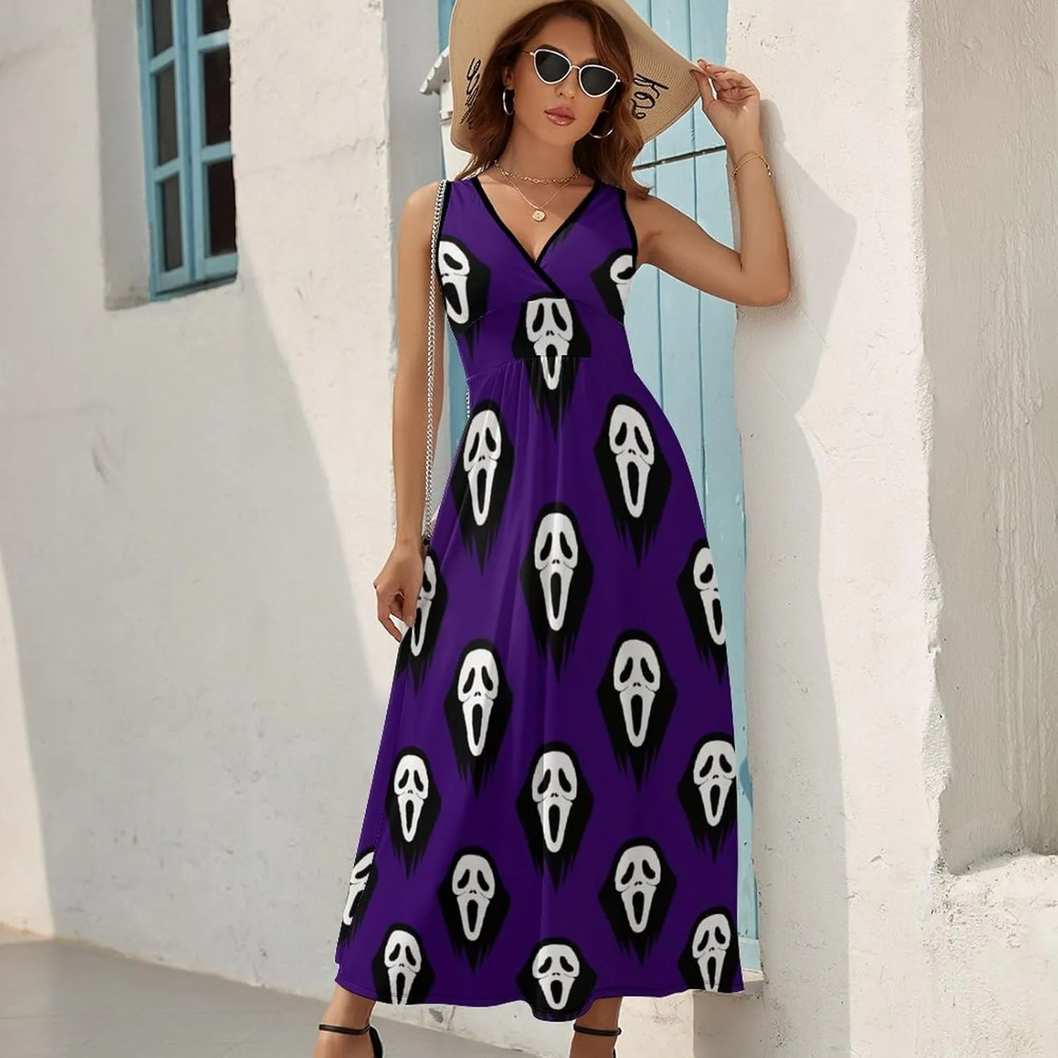 Maxi Dresses for Women Summer Sleeveless Dress Black and White Scream Casual V Neck Sundress