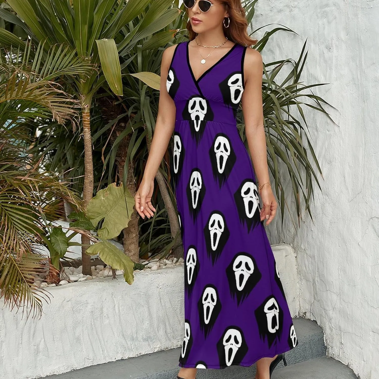 Maxi Dresses for Women Summer Sleeveless Dress Black and White Scream Casual V Neck Sundress