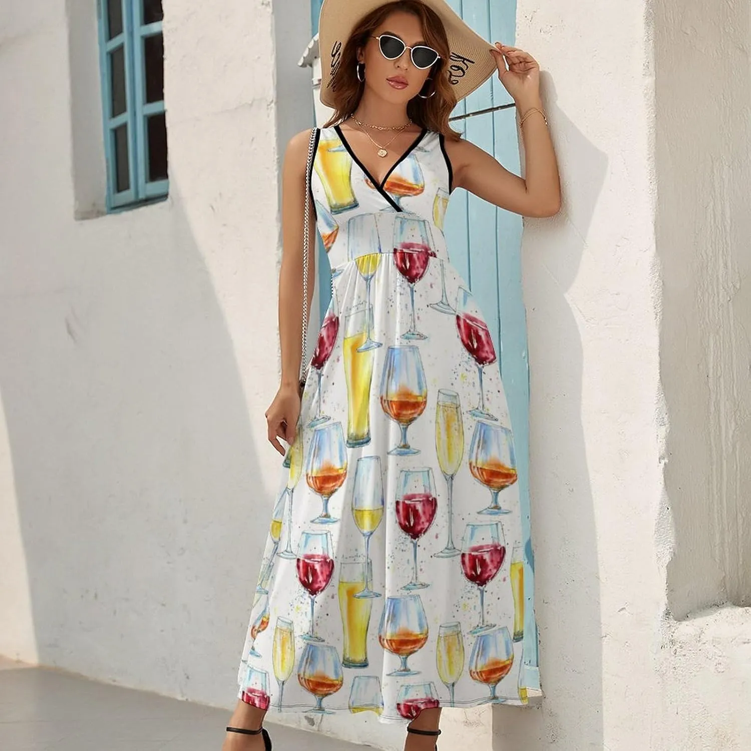 Maxi Dresses for Women Summer Sleeveless Dress Cute Black Bow Knots Casual V Neck Sundress