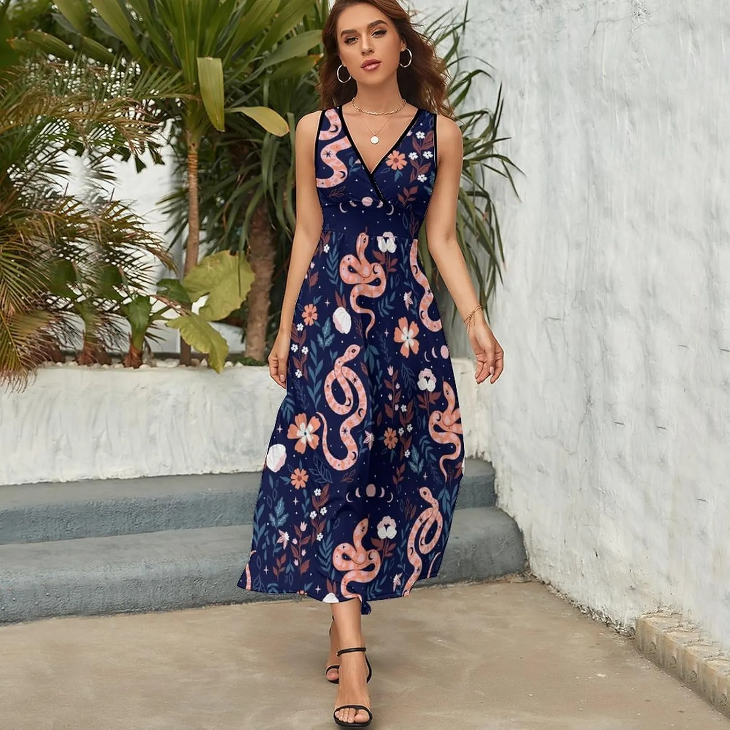 Maxi Dresses for Women Summer Sleeveless Dress Cute Black Bow Knots Casual V Neck Sundress
