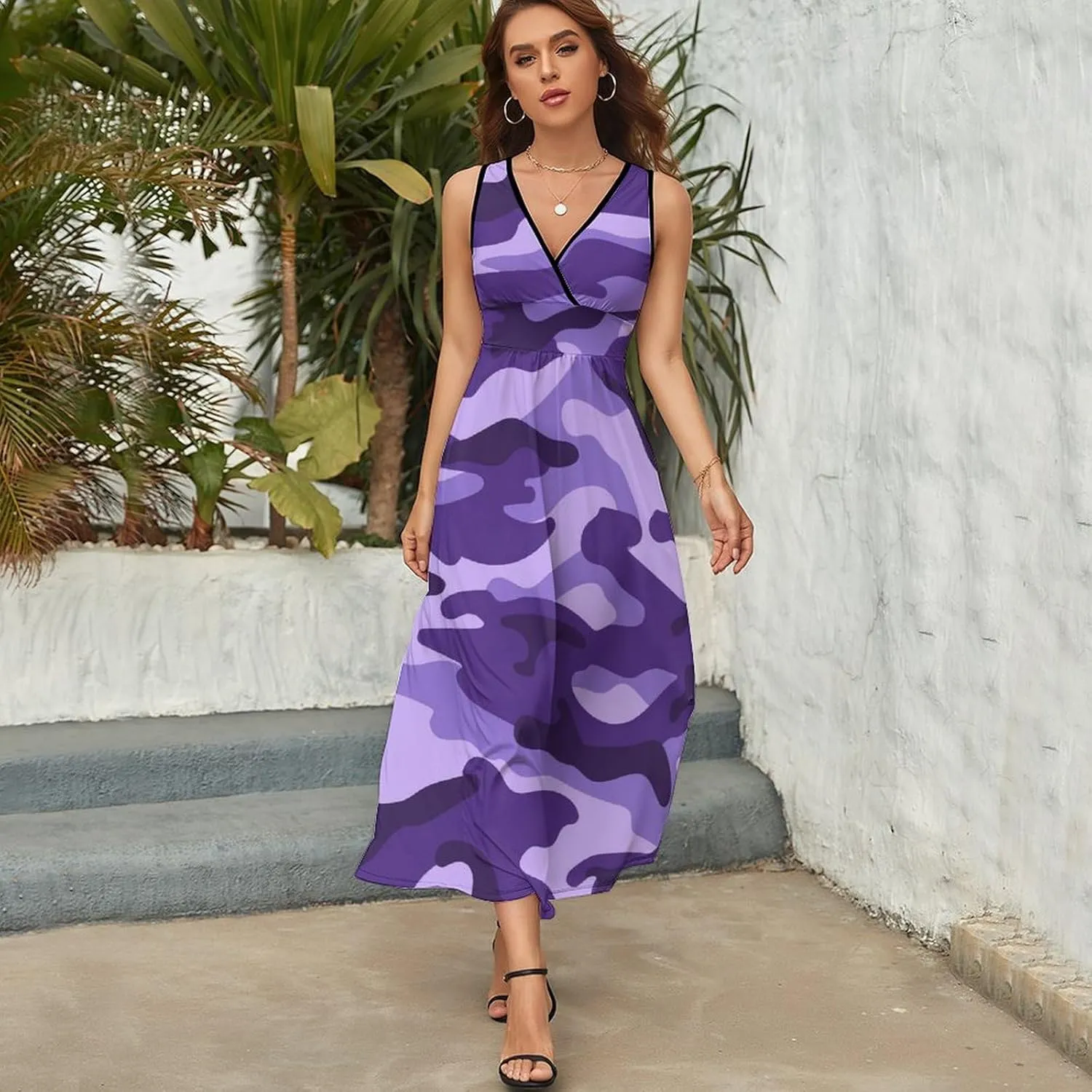 Maxi Dresses for Women Summer Sleeveless Dress Cute Black Bow Knots Casual V Neck Sundress
