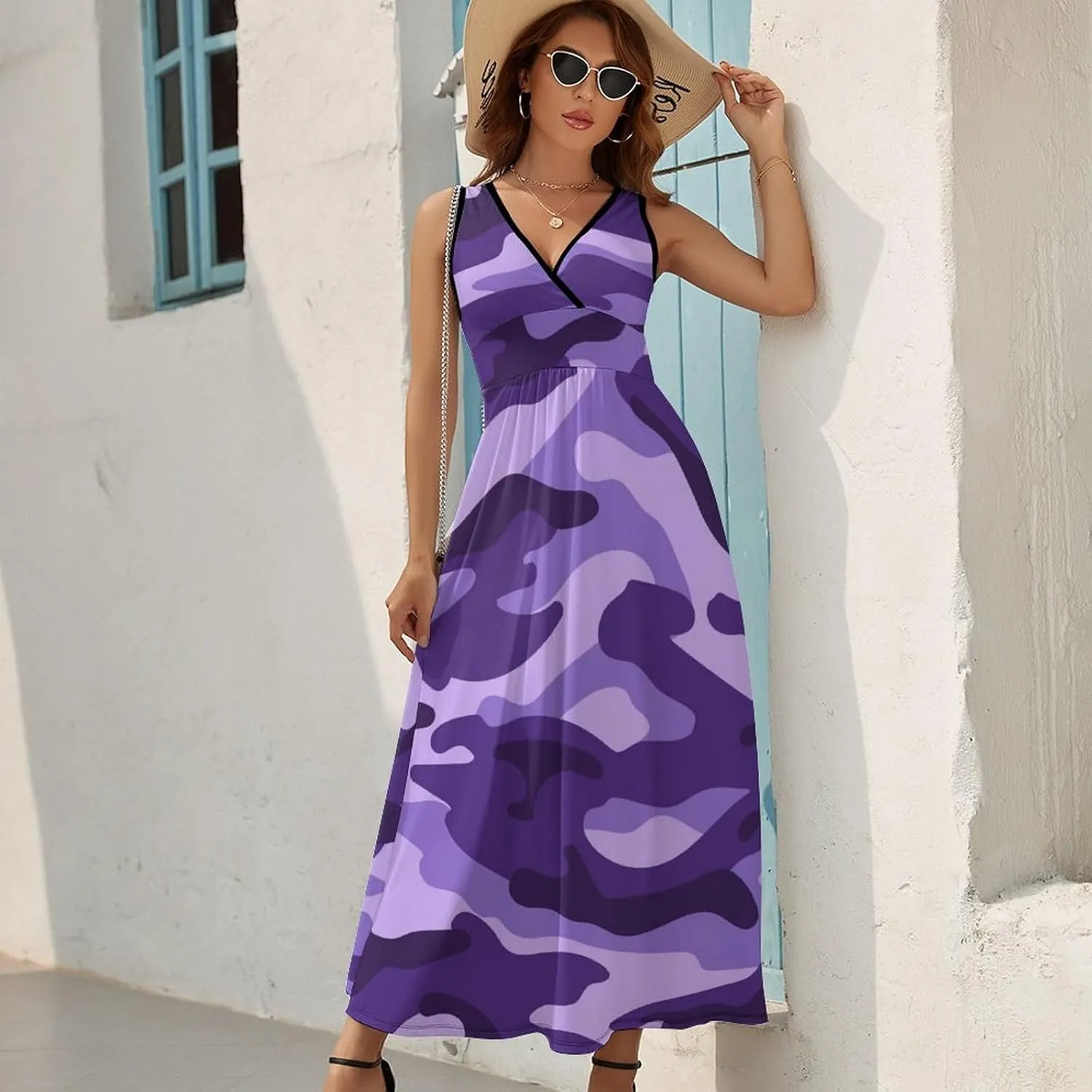 Maxi Dresses for Women Summer Sleeveless Dress Cute Black Bow Knots Casual V Neck Sundress