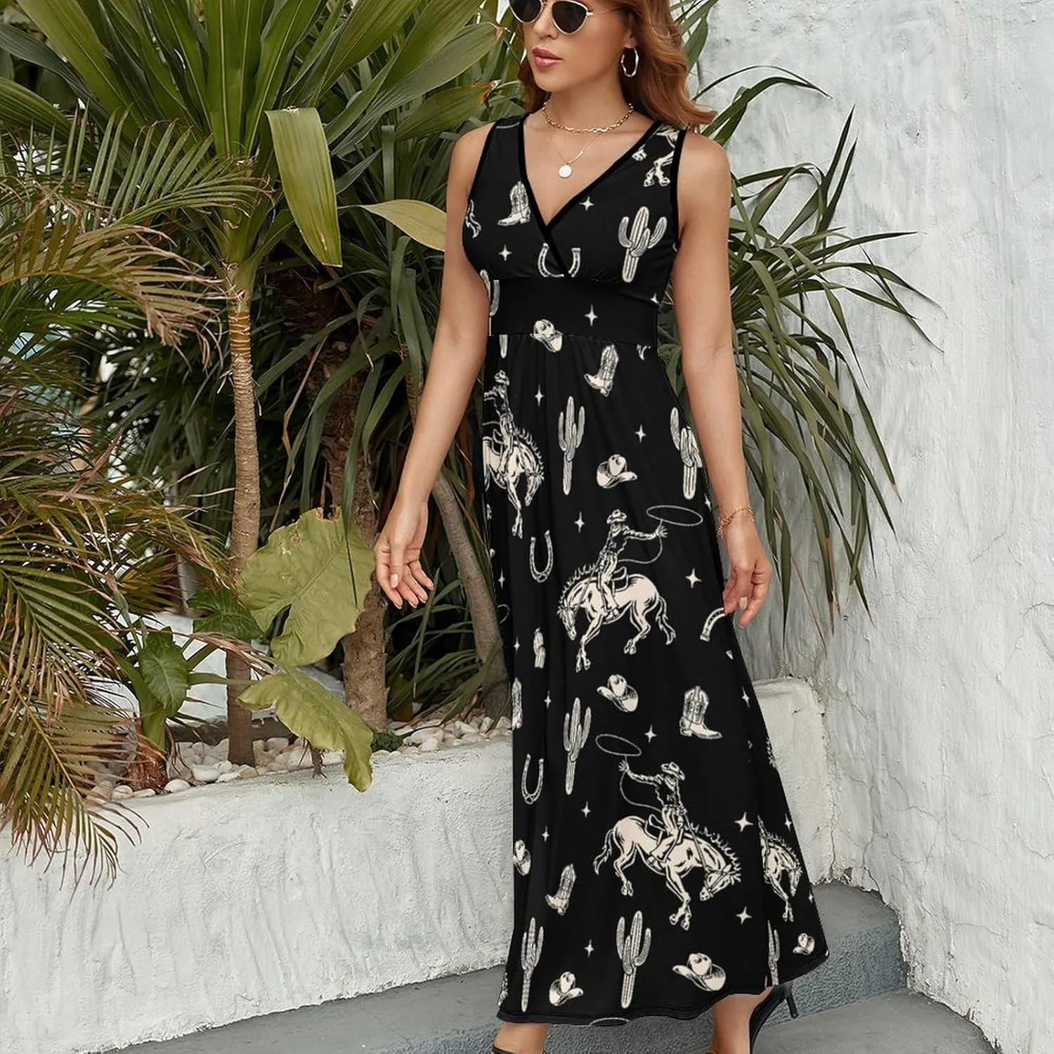 Maxi Dresses for Women Summer Sleeveless Dress Cute Black Bow Knots Casual V Neck Sundress