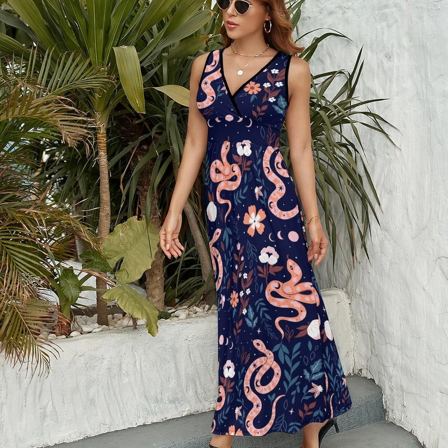 Maxi Dresses for Women Summer Sleeveless Dress Cute Black Bow Knots Casual V Neck Sundress