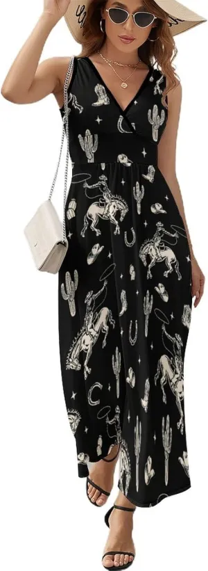 Maxi Dresses for Women Summer Sleeveless Dress Cute Black Bow Knots Casual V Neck Sundress