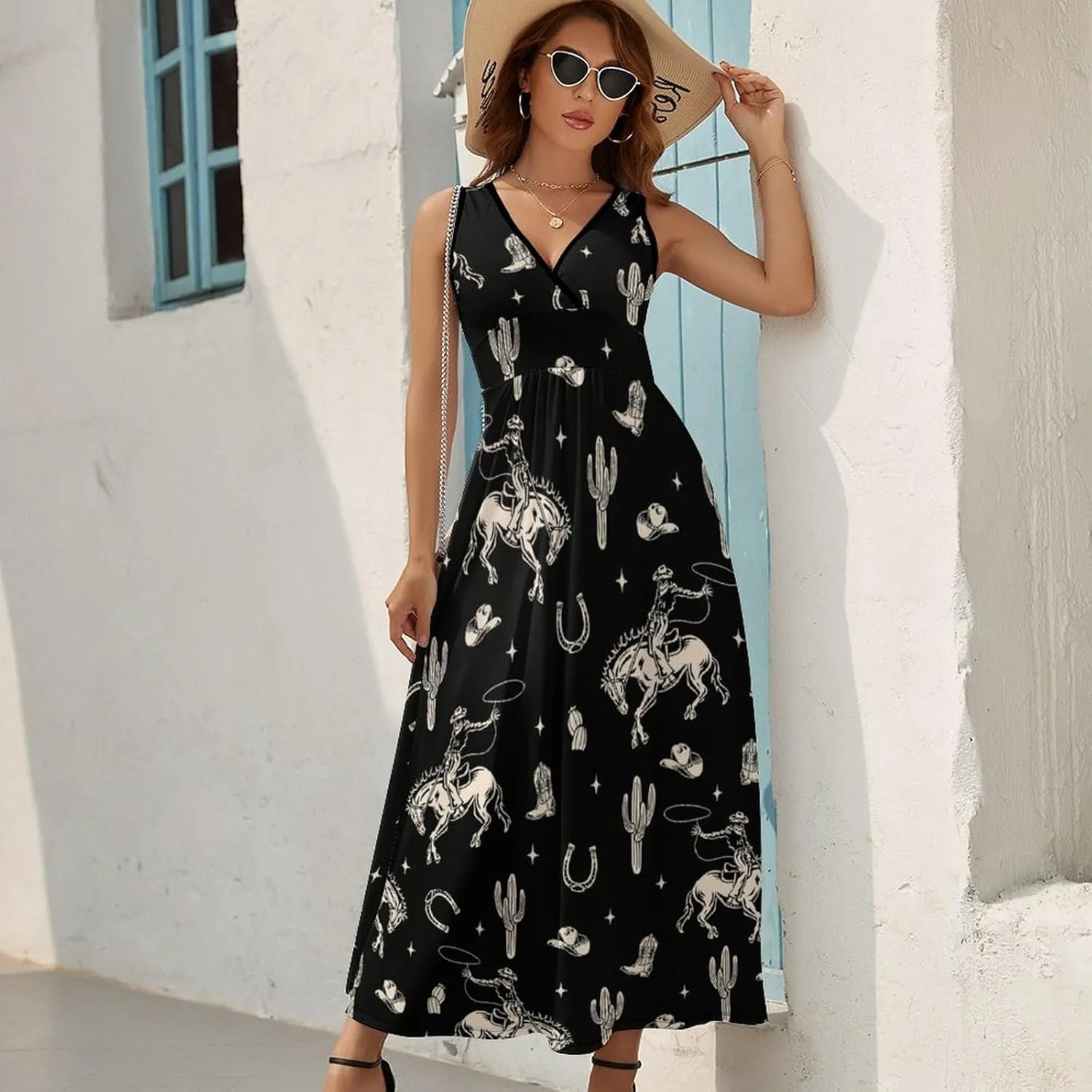 Maxi Dresses for Women Summer Sleeveless Dress Cute Black Bow Knots Casual V Neck Sundress