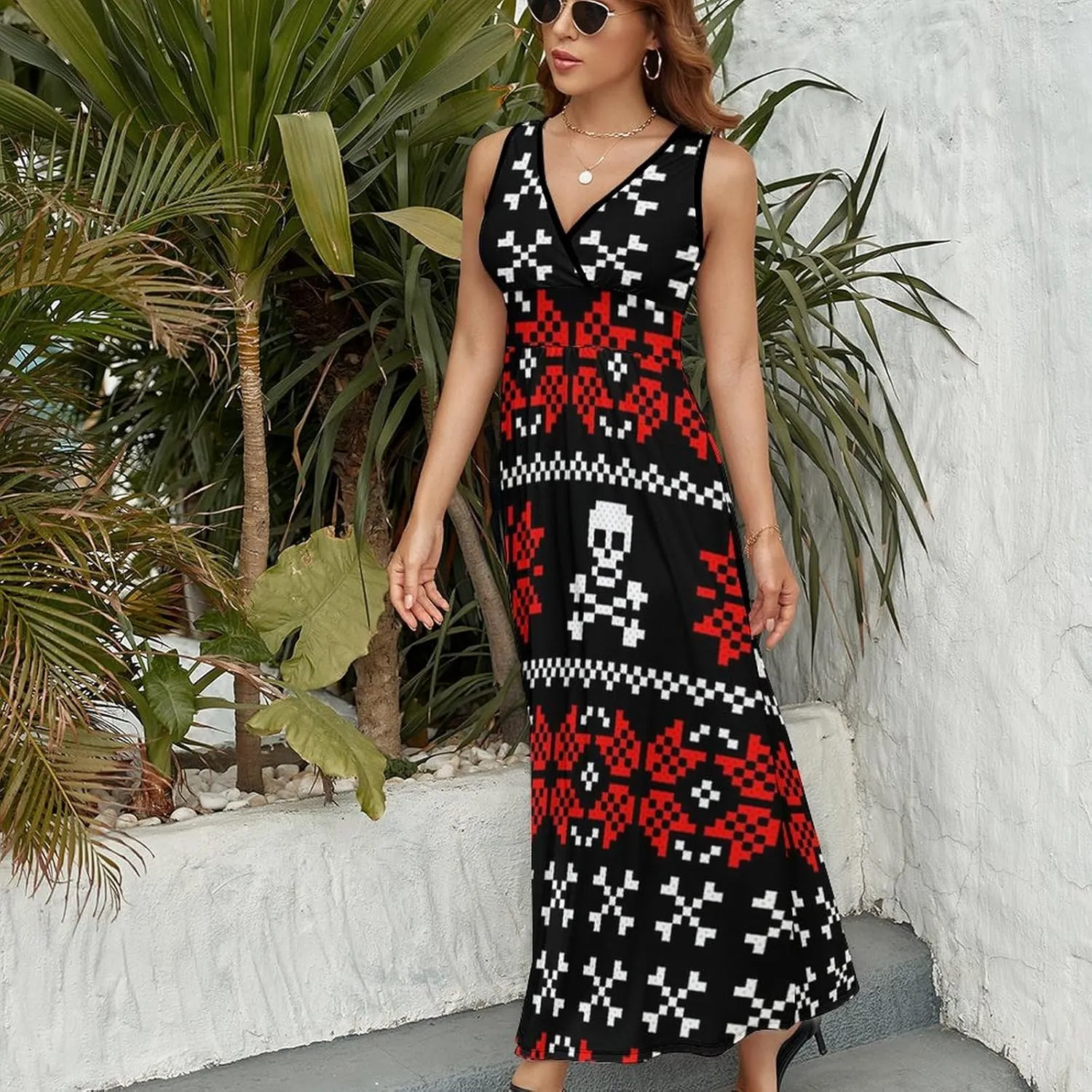 Maxi Dresses for Women Summer Sleeveless Dress Cute Black Bow Knots Casual V Neck Sundress