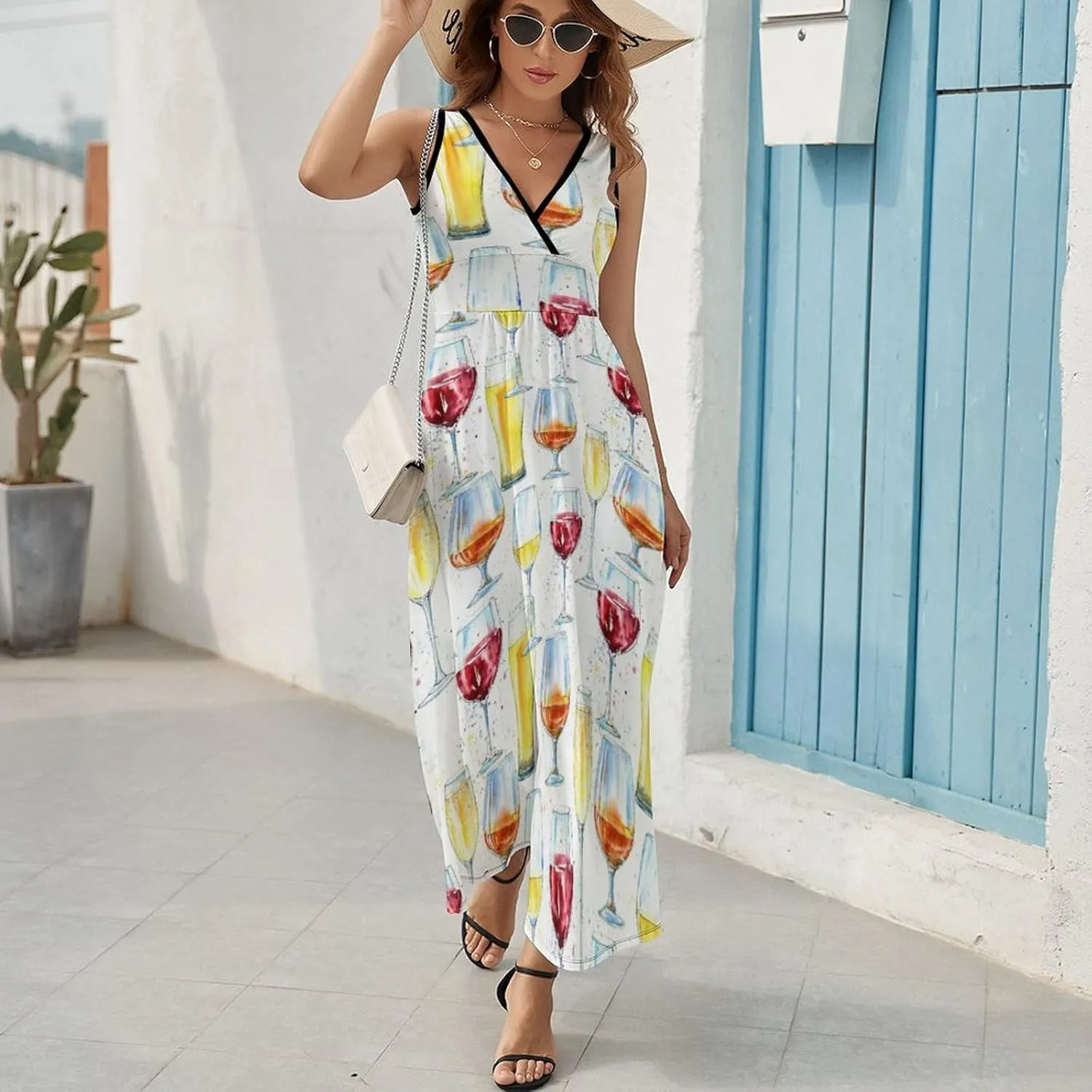Maxi Dresses for Women Summer Sleeveless Dress Cute Black Bow Knots Casual V Neck Sundress