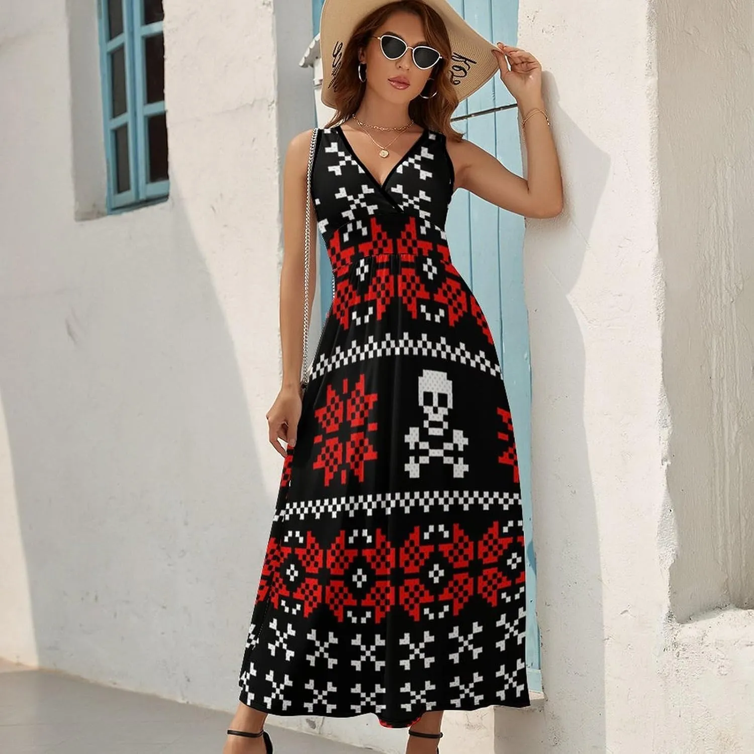 Maxi Dresses for Women Summer Sleeveless Dress Cute Black Bow Knots Casual V Neck Sundress