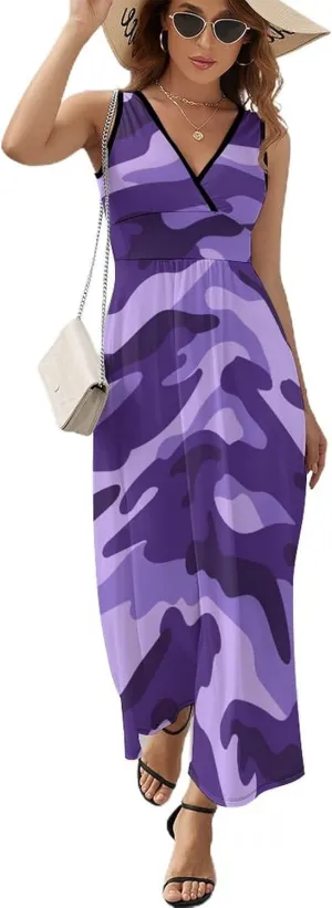 Maxi Dresses for Women Summer Sleeveless Dress Cute Black Bow Knots Casual V Neck Sundress
