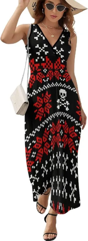 Maxi Dresses for Women Summer Sleeveless Dress Cute Black Bow Knots Casual V Neck Sundress