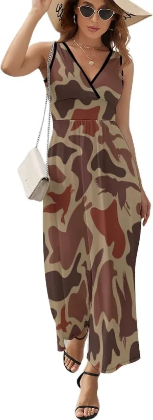 Maxi Dresses for Women Summer Sleeveless Dress Cute Black Bow Knots Casual V Neck Sundress