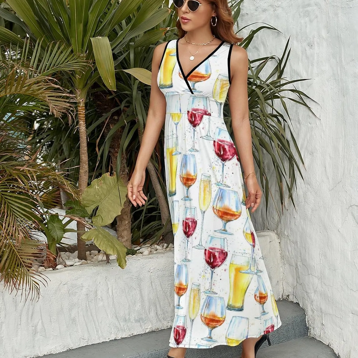 Maxi Dresses for Women Summer Sleeveless Dress Cute Black Bow Knots Casual V Neck Sundress