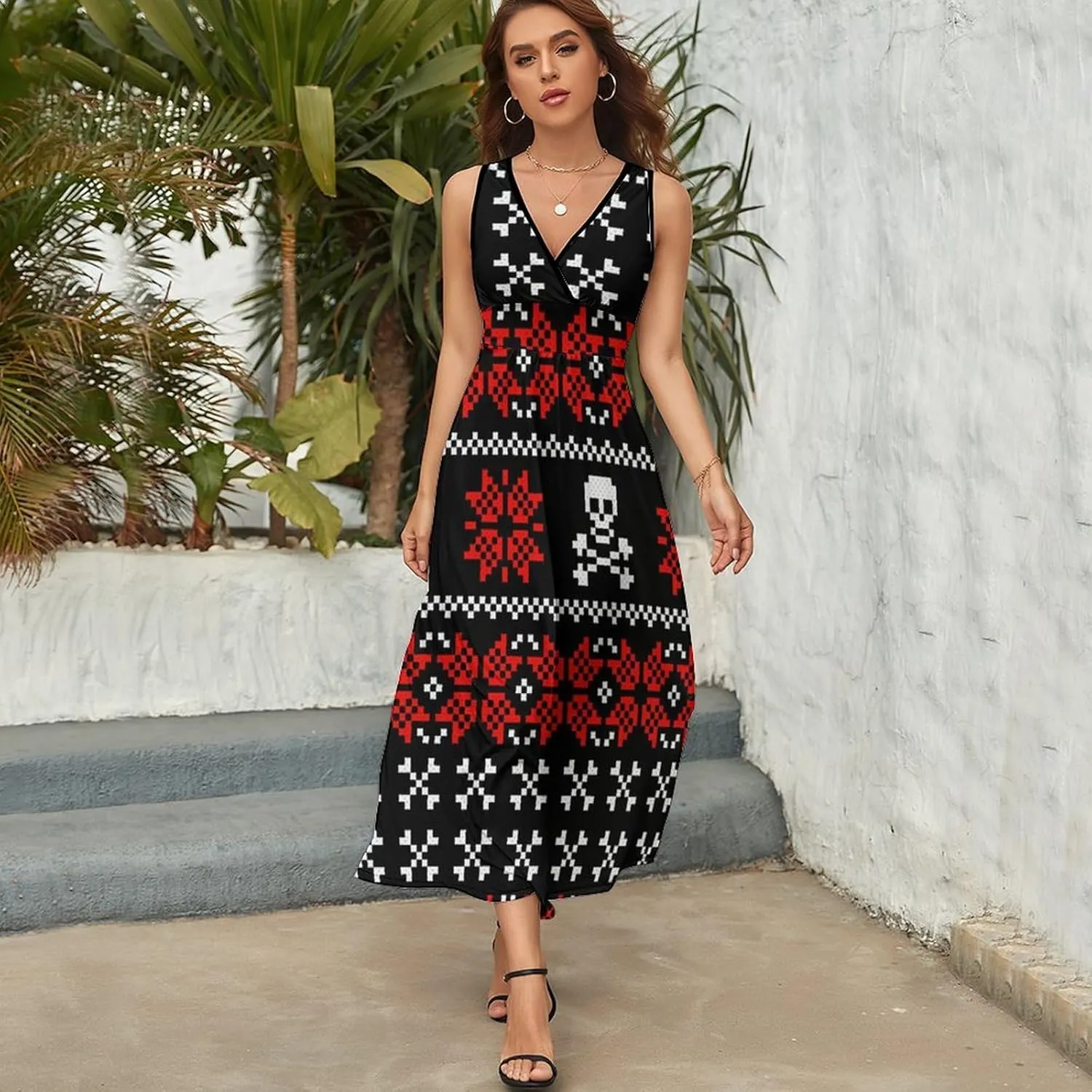 Maxi Dresses for Women Summer Sleeveless Dress Cute Black Bow Knots Casual V Neck Sundress