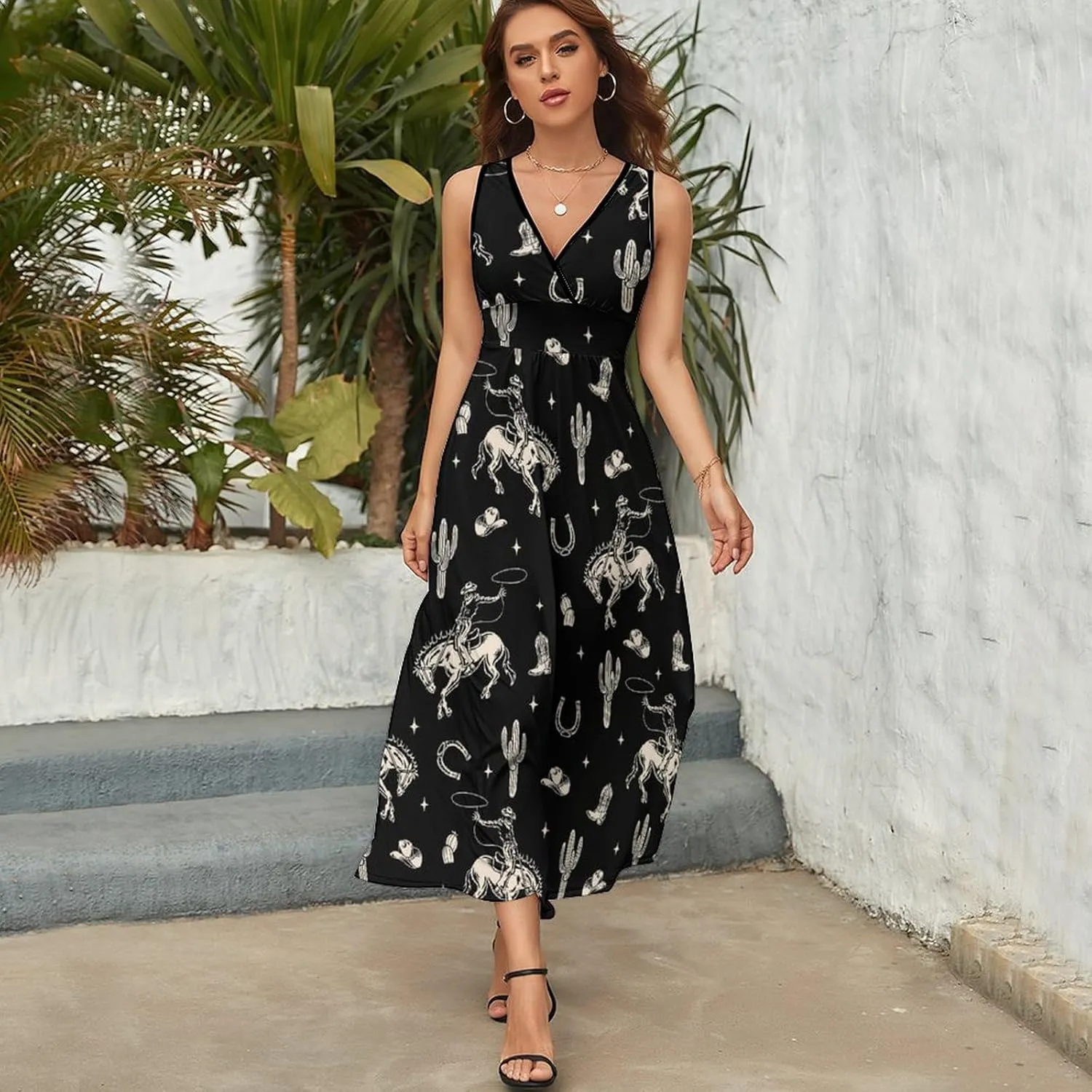 Maxi Dresses for Women Summer Sleeveless Dress Cute Black Bow Knots Casual V Neck Sundress